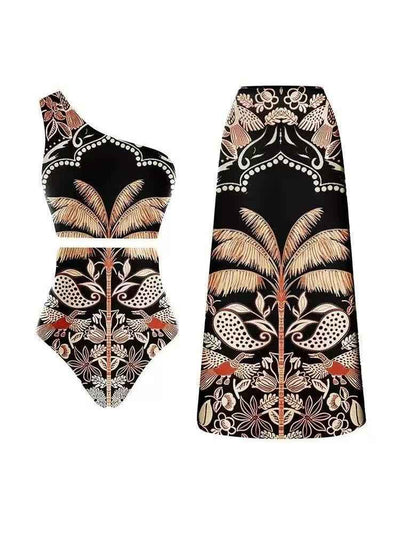 Tropical Palm One-Shoulder Swimsuit & Maxi Skirt Set