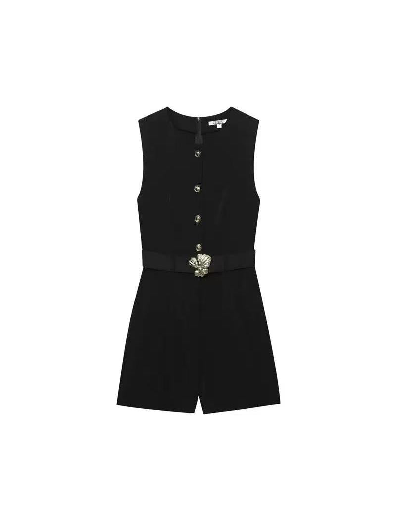 Black Sleeveless Belted Playsuit With Buttons