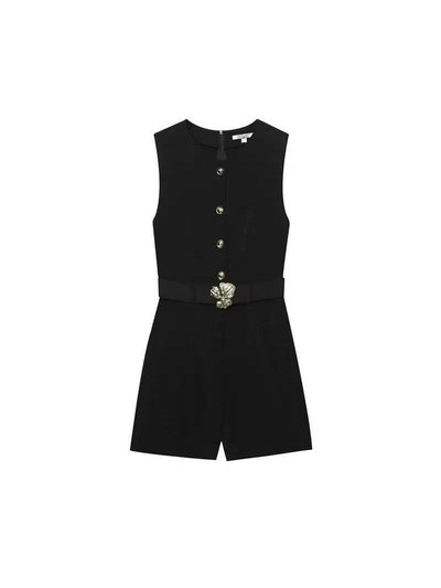 Black Sleeveless Belted Playsuit With Buttons
