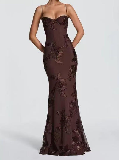 Floral jacquard corset mermaid maxi dress Exclusives in burgundy, dresses on sale