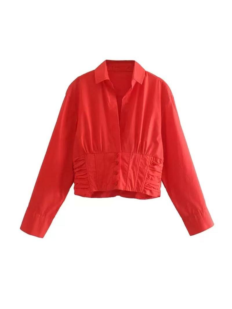 Red Corset‑Detail Shirt Top