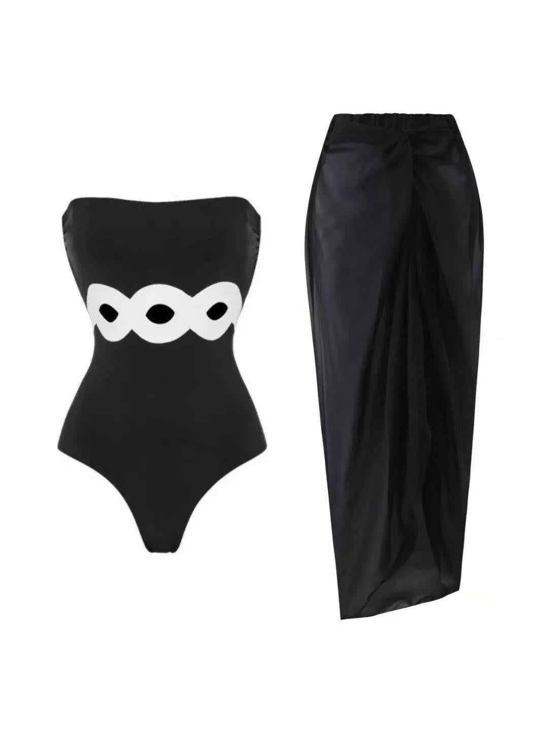 Monochrome Wave Bandeau Swimsuit & Draped Maxi Skirt Set