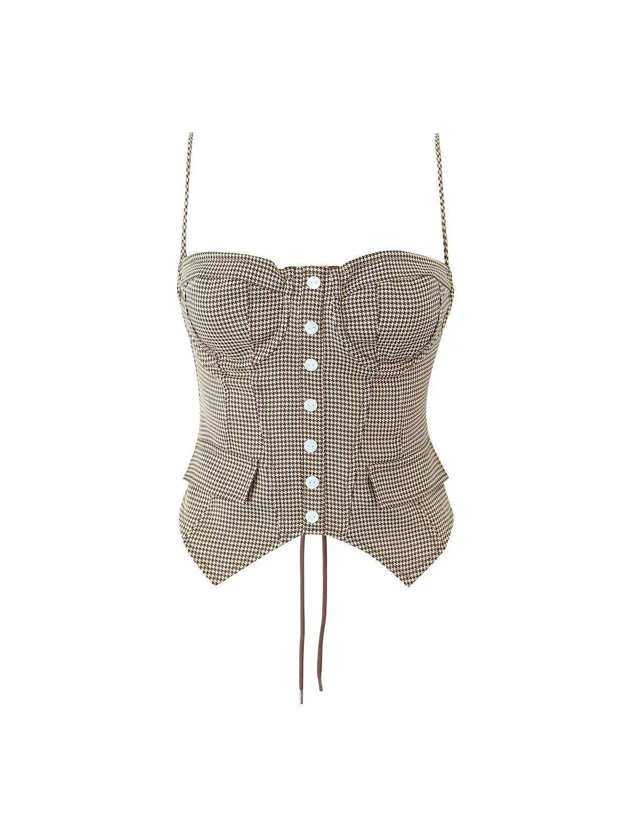 Spaghetti Strap Gingham Print Corset Pocket Top