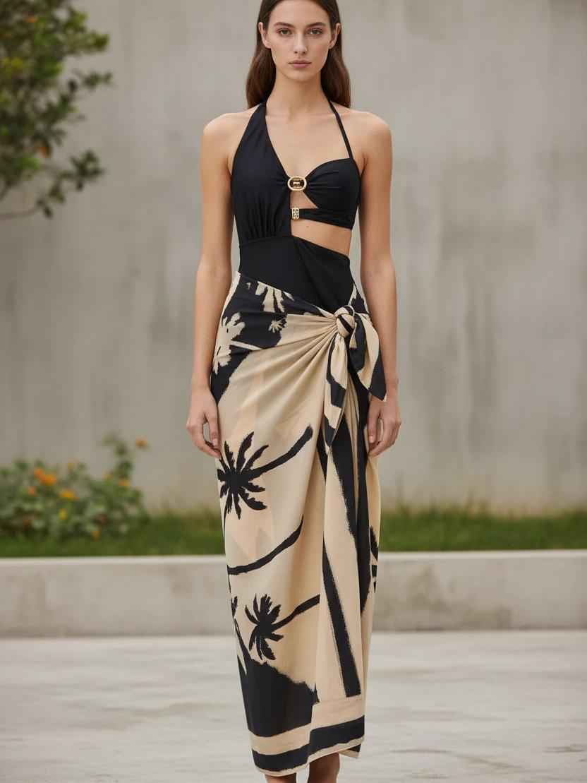 Palm Coast Asymmetric Swimsuit & Sarong Set