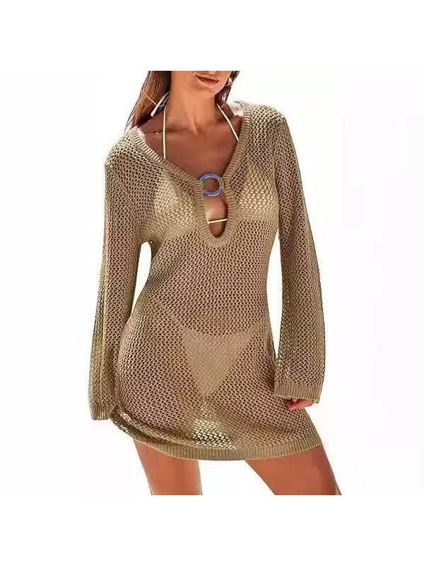 Beige crochet mesh beach cover-up dress with long sleeves and a blue ring accent at the deep V-neck.