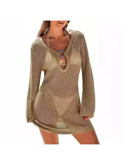 Beige crochet mesh beach cover-up dress with long sleeves and a blue ring accent at the deep V-neck.