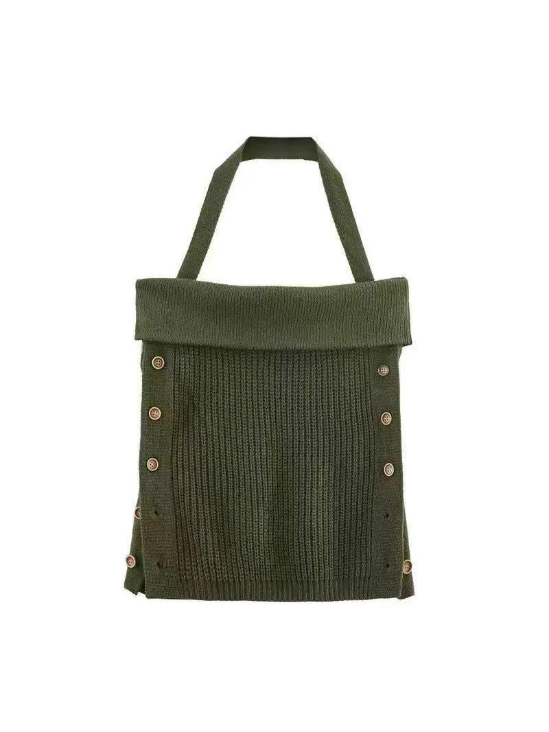 Olive Green Knitted Halter Tube Top With Button Detail