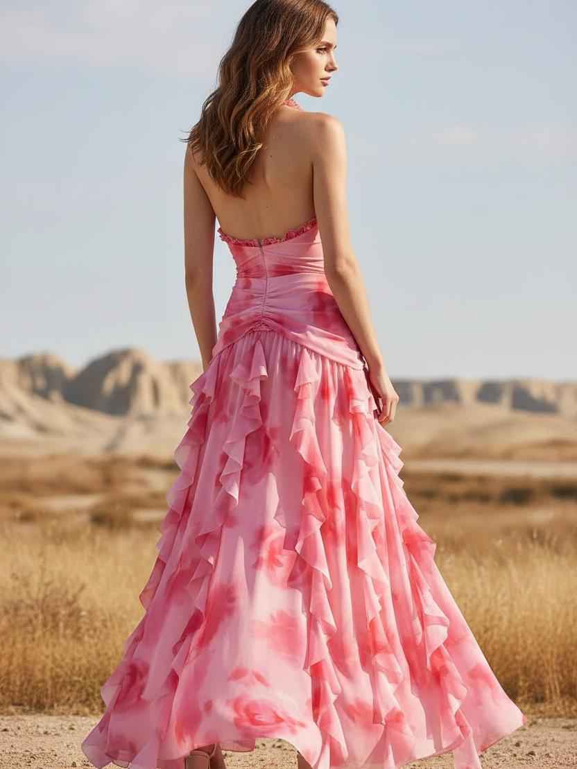 Ruffle Tie-Dye Swimsuit & Cascading Maxi Skirt Set