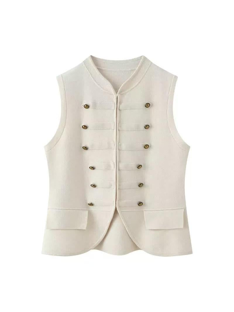 Regal Brass Button Vest Top by Exclusives, ivory sleeveless vest with double rows of brass buttons