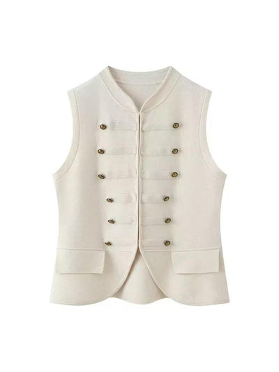 Regal Brass Button Vest Top by Exclusives, ivory sleeveless vest with double rows of brass buttons