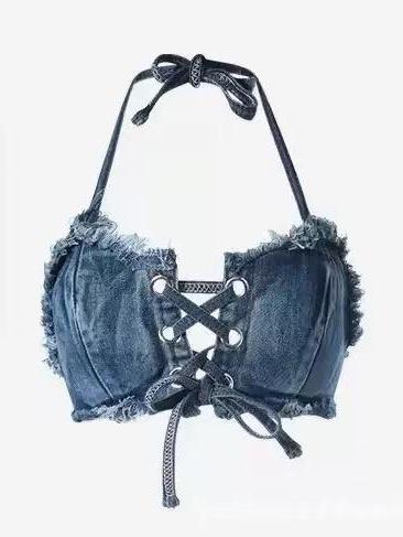 Halterneck Backless Denim Lace up Crop Top