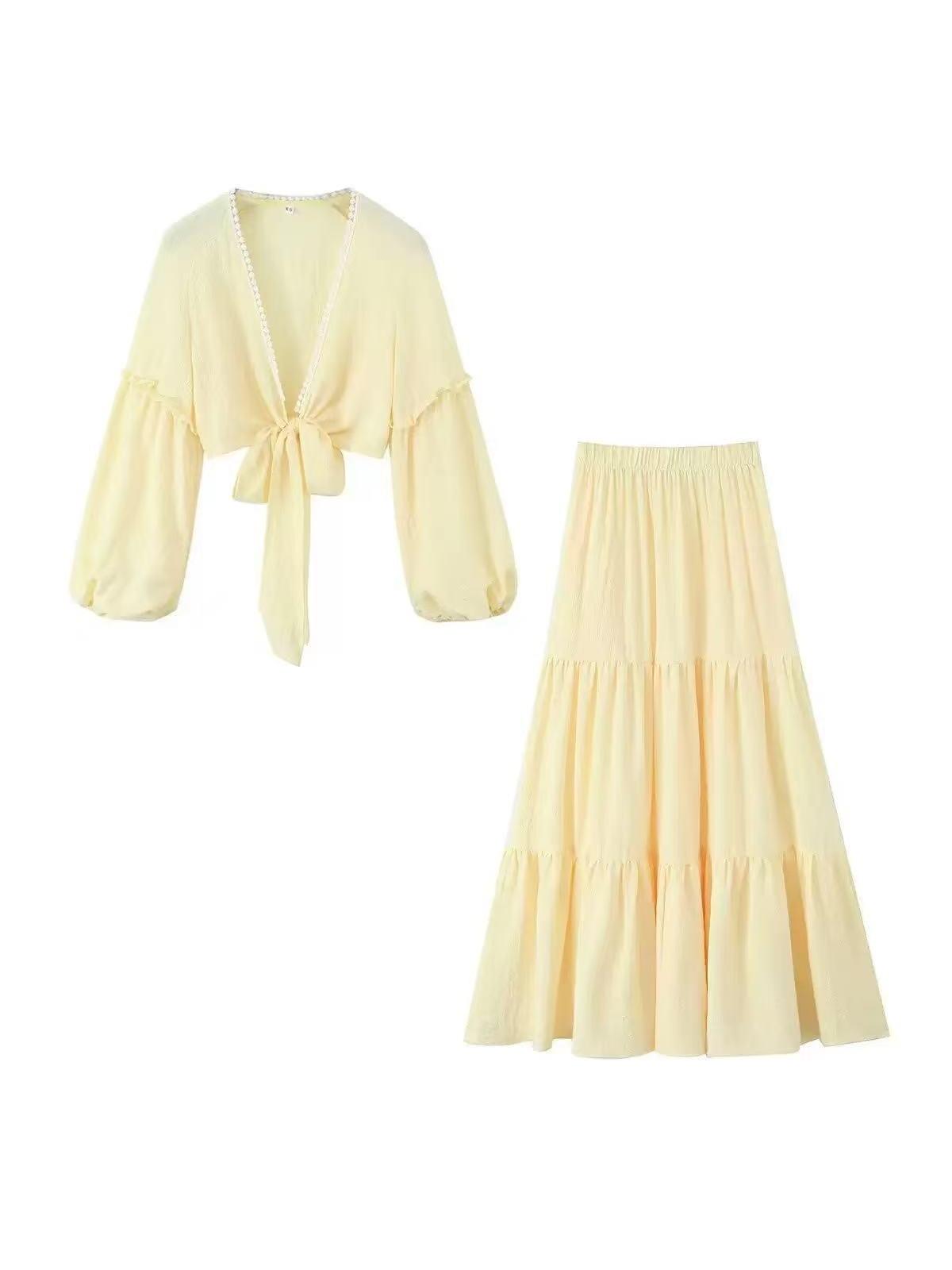 Yellow Boho Tie‑Front Crop Top and Tiered Maxi Skirt Co‑ord Set