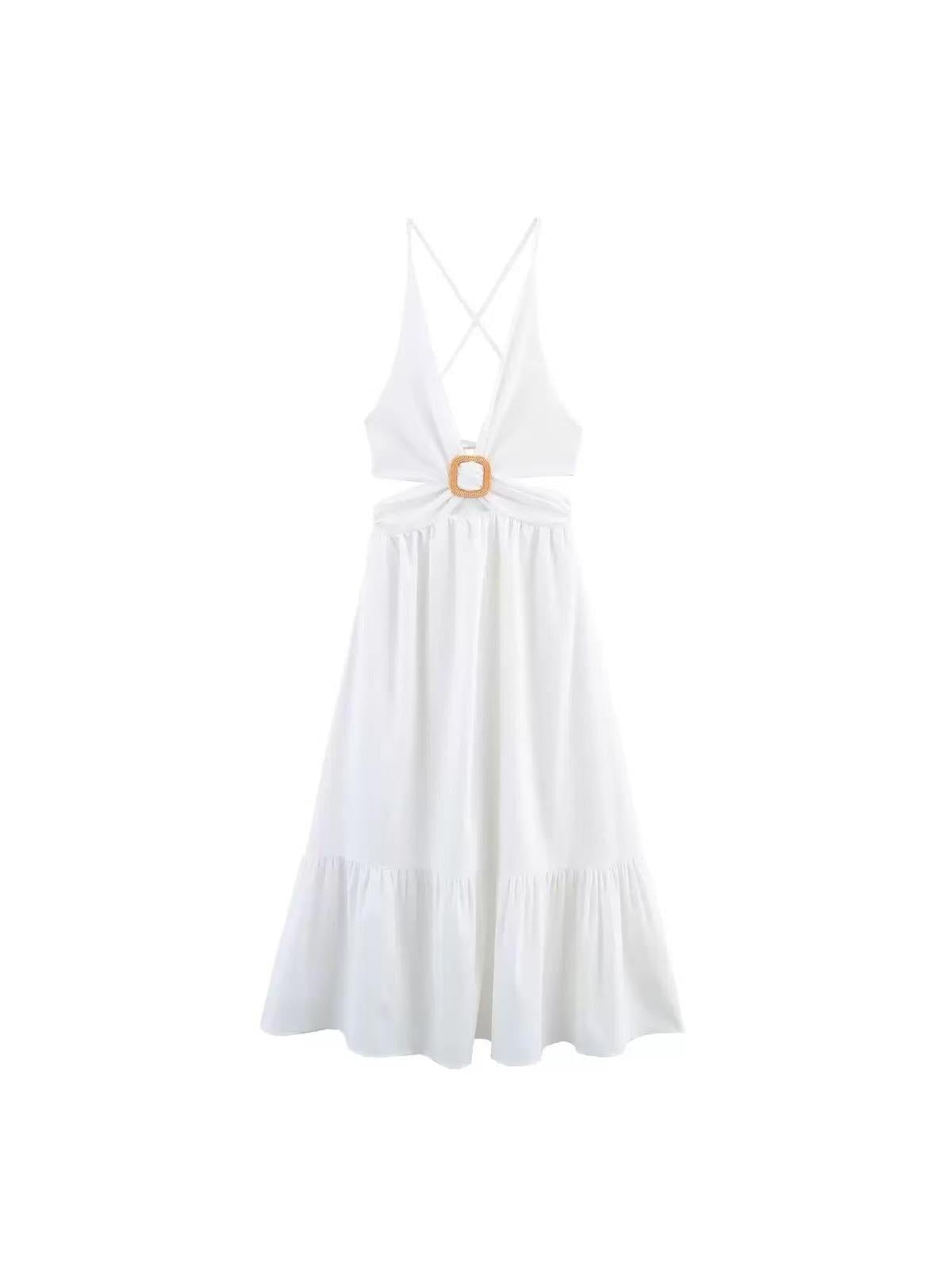White halter-neck midi dress with crisscross back straps and a gold square ring at the waist; flowing tiered skirt.