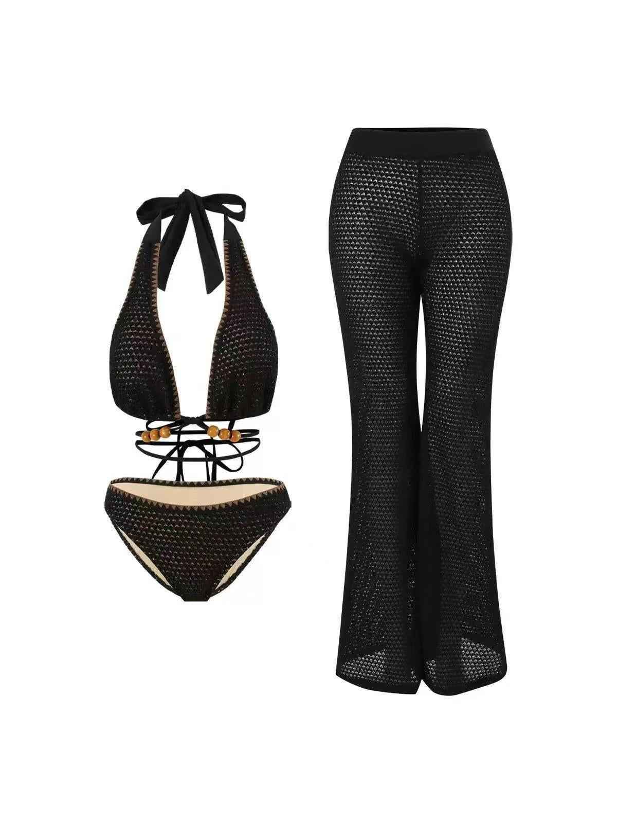 Crochet Halter Bikini & Flared Beach Pants Set