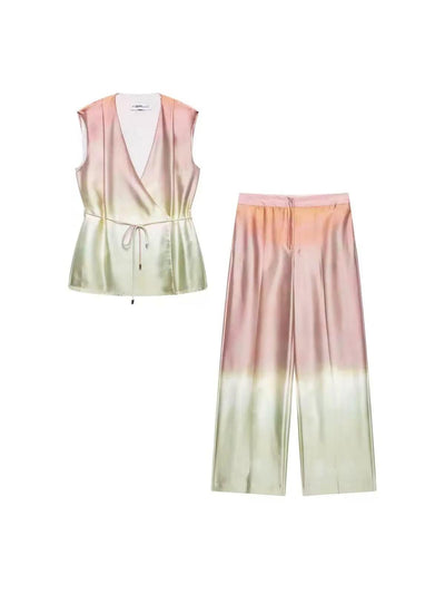 Pastel Ombré Satin Wrap Top and Wide‑Leg Pants Co‑ord Set