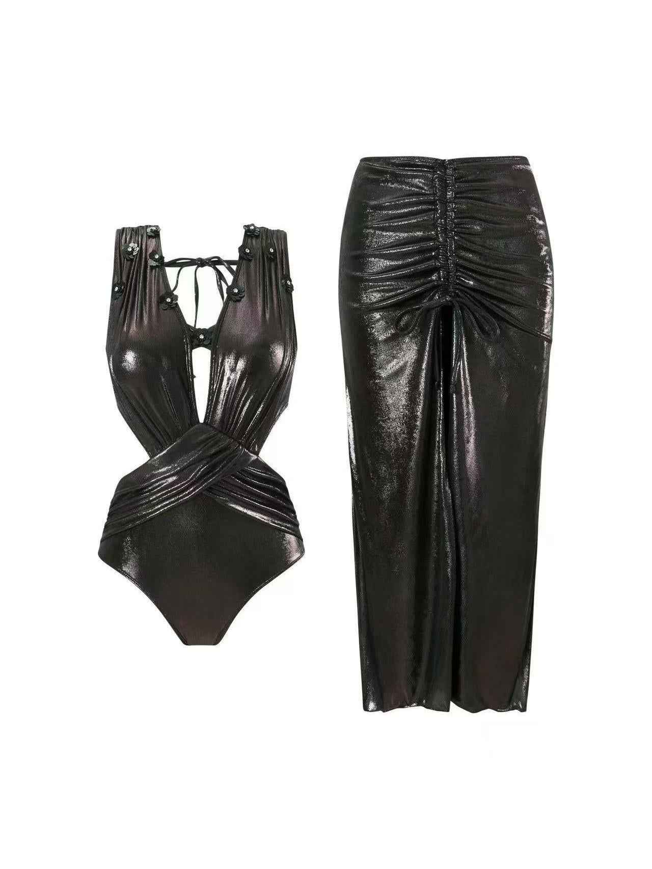Midnight Metallic Cross-Front Swimsuit & Ruched Maxi Skirt Set