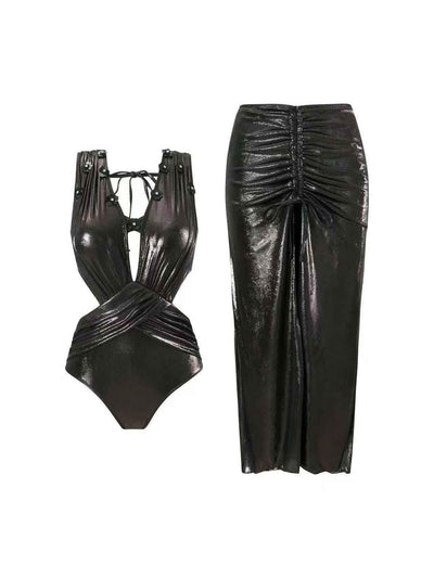 Midnight Metallic Cross-Front Swimsuit & Ruched Maxi Skirt Set