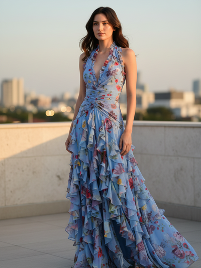 Blue floral halter maxi dress with ruched bodice and cascading ruffle layers on a rooftop.