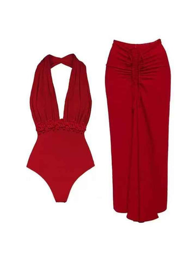 Crimson Drape Halter Swimsuit & Ruched Maxi Skirt Set