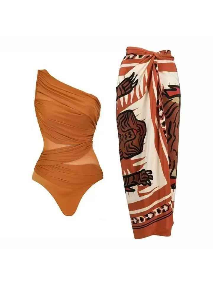 One-Shoulder Swimsuit & Tiger Sarong Skirt Set