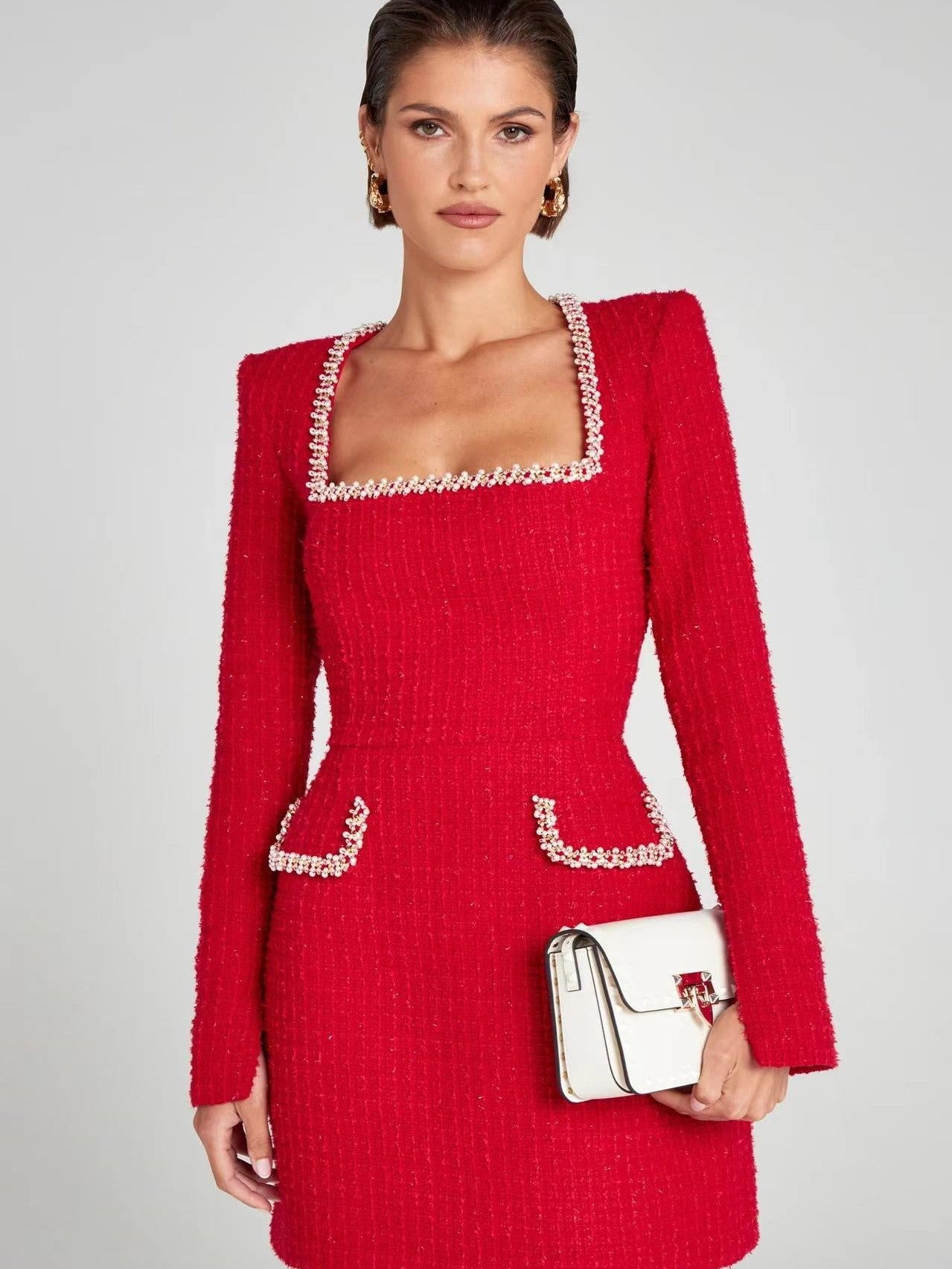 Tweed Full Sleeves Beaded Short Dress