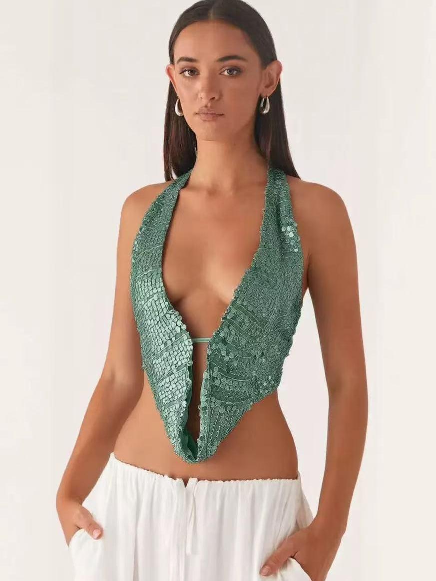 Halterneck Deep Neck Backless Sequins Vest Top