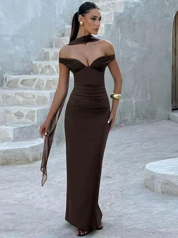 Off-Shoulder Scarf Detail Maxi Dress