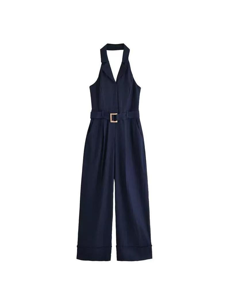 Navy Halter Neck Belted Wide‑Leg Jumpsuit