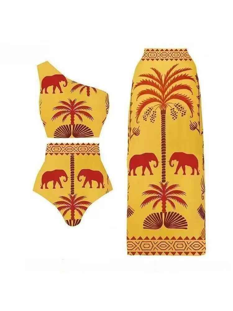 Safari Sunset One-Shoulder Swimsuit & Maxi Skirt Set