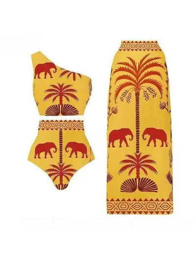 Safari Sunset One-Shoulder Swimsuit & Maxi Skirt Set