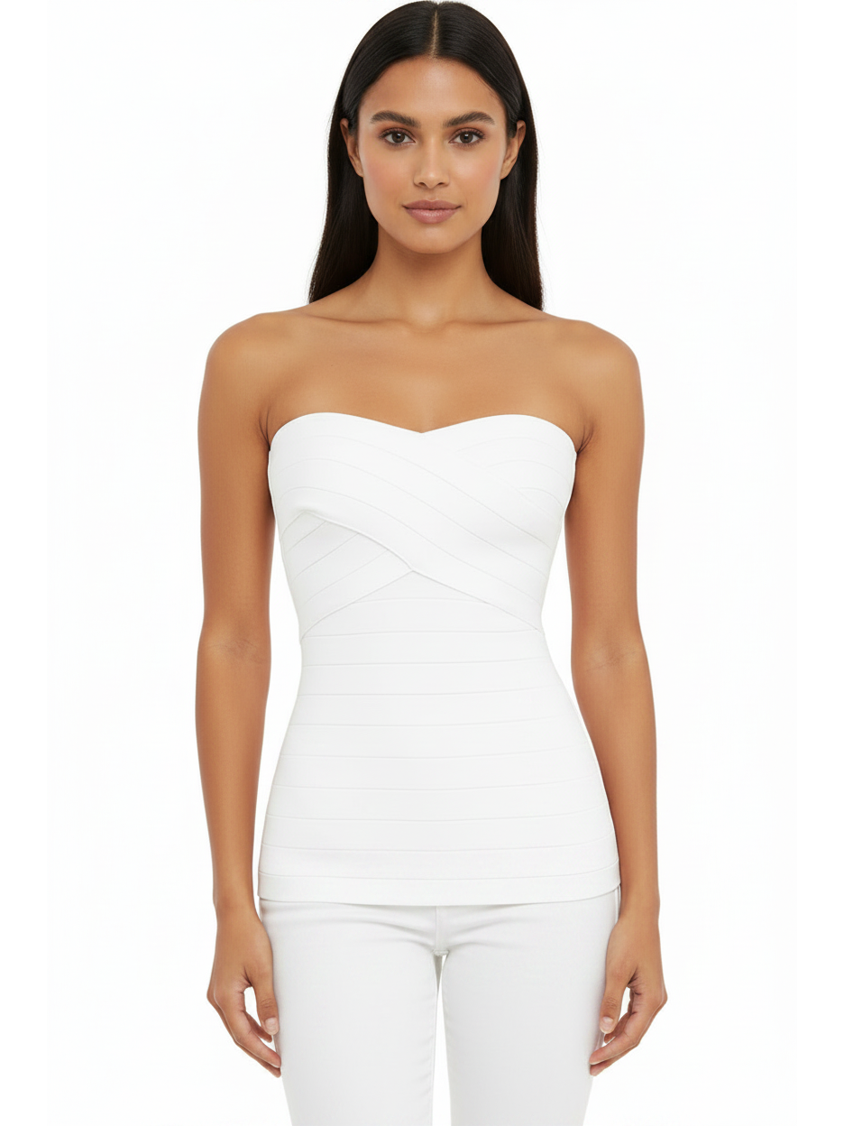 Chloe Crossover Strapless Bandage Top, white bandage-knit blouse