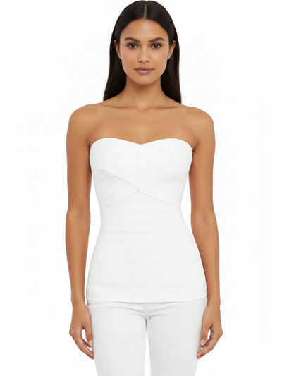 Chloe Crossover Strapless Bandage Top, white bandage-knit blouse