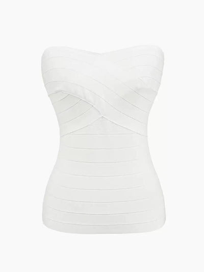 Chloe Crossover Strapless Bandage Top, white bandage fabric, Exclusives blouse