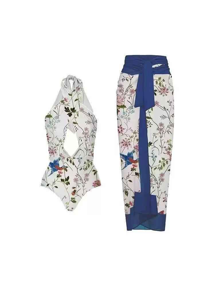Hummingbird Bloom Cut-Out Swimsuit & Sarong Skirt Set