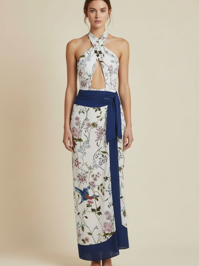 Hummingbird Bloom Cut-Out Swimsuit & Sarong Skirt Set
