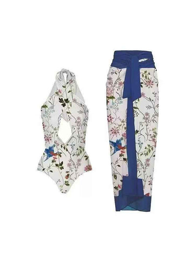 Hummingbird Bloom Cut-Out Swimsuit & Sarong Skirt Set