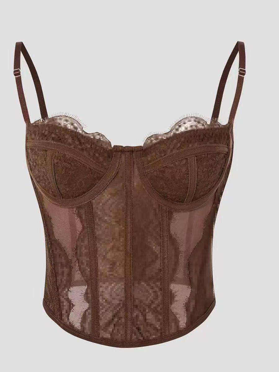 Brown sheer mesh corset bustier with lace cups, scalloped edge, vertical boning, and adjustable straps.