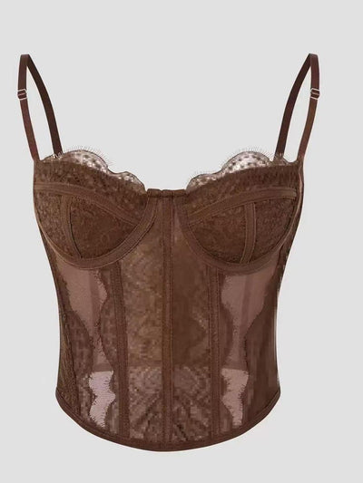 Brown sheer mesh corset bustier with lace cups, scalloped edge, vertical boning, and adjustable straps.