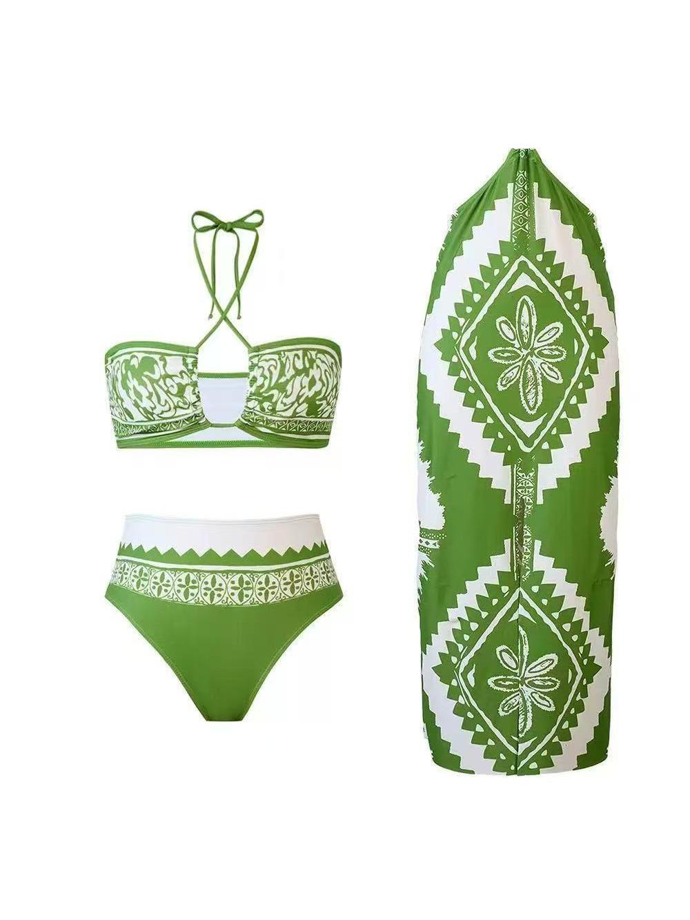 Geometric Print Halterneck Chiffon Dress & 3-Piece Bikini Set in green by Swimwears (on sale)