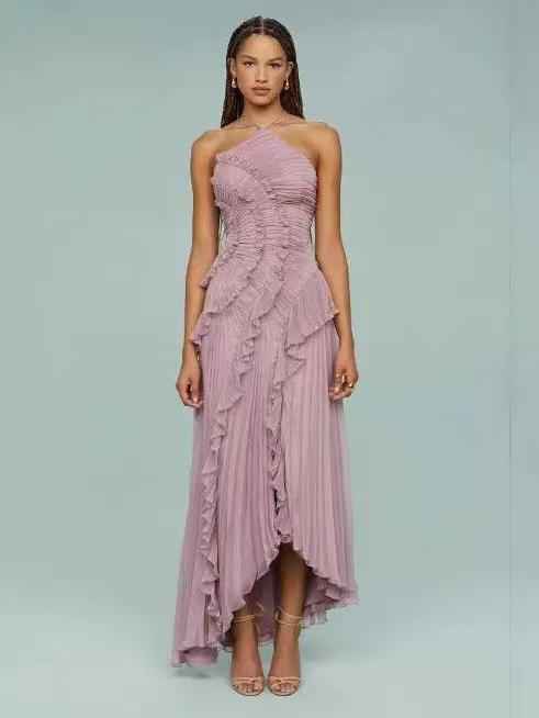 Pleated Ruffle Halter High-Low Dress