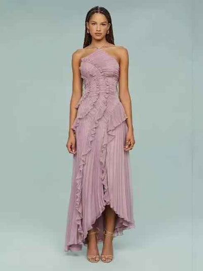Pleated Ruffle Halter High-Low Dress