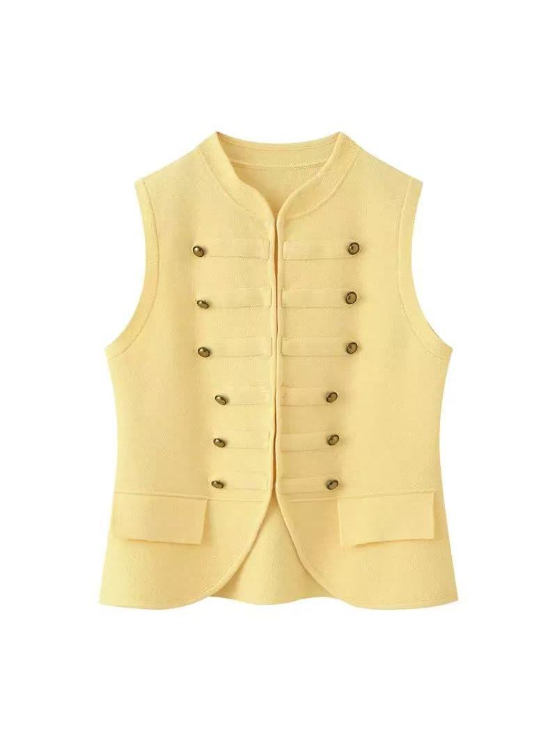 Regal Brass Button Vest Top in pale yellow with double-breasted brass buttons