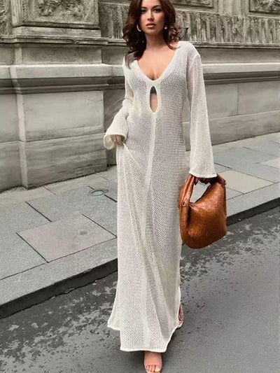 Serena Sheer Knit Ring Detail Maxi Dress, white knit with long sleeves