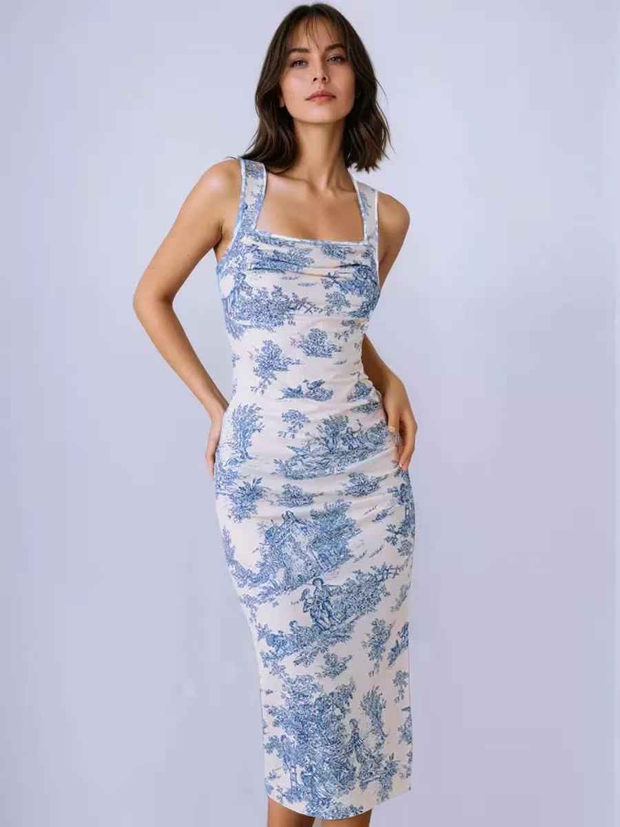 French Toile Ruched Midi Dress