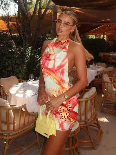 Tropical Abstract Print Halter Mini Dress