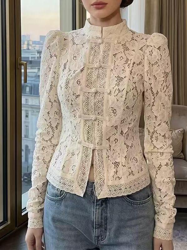 Victorian lace high-neck blouse on sale by Exclusives, ivory cream lace with long sleeves
