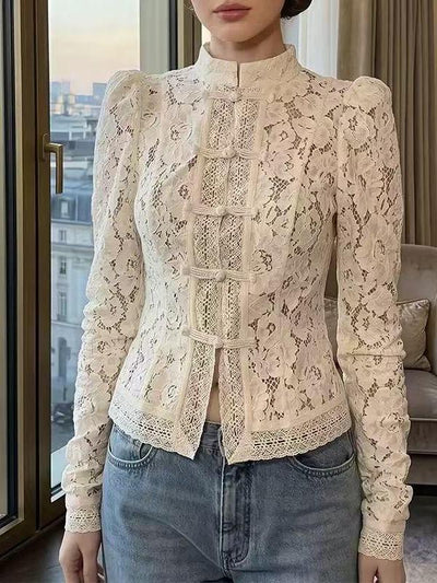 Victorian lace high-neck blouse on sale by Exclusives, ivory cream lace with long sleeves