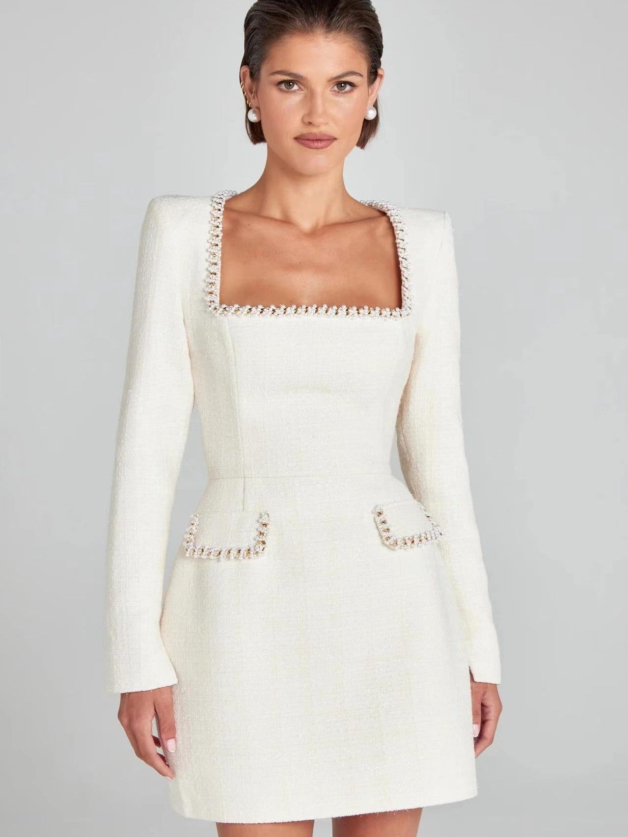 Tweed Full Sleeves Beaded Short Dress