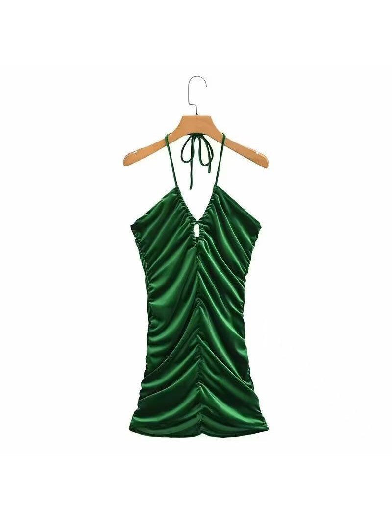 Velvet Tied Halterneck Ruched Short Dress