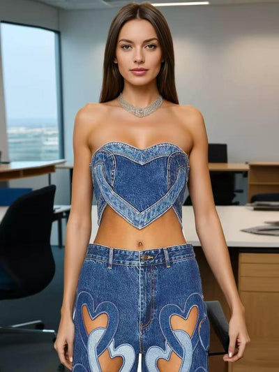 Heart Shape Denim Strapless Bustier Tube Top